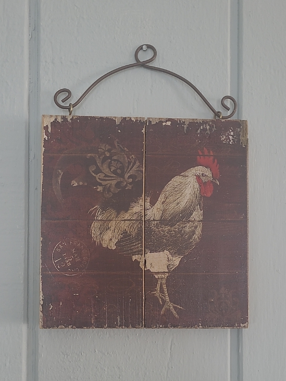Vintage Rustic Rooster Wall Art, Primitive, On Wood With Metal Hanger